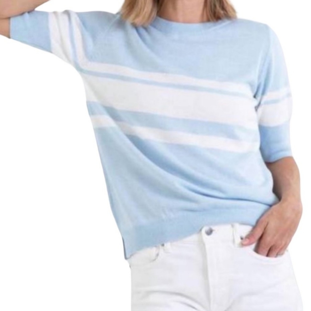 Light Blue & White Striped Crew Neck Sweater